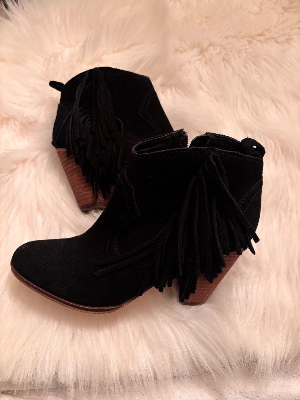 Steve Madden Black Leather/Suede Fringe Ankle Boots - Women